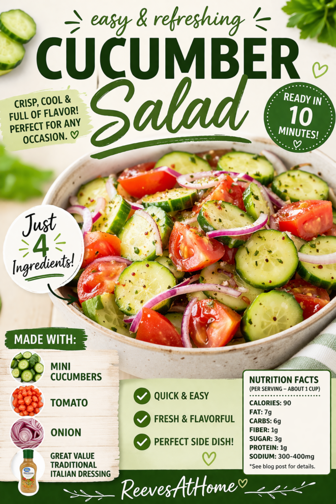 Cucumber Carrot Salad
German Cucumber Salad
Greek Cucumber Salad
Cucumber Tomato Avocado Salad
Kachumber Salad
Spicy Cucumber Salad
Asian Cucumber Salad
Avocado Tomato Salad
Creamy Cucumber Salad