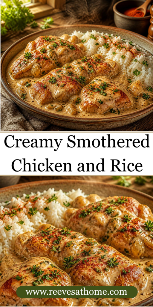 Creamy chicken and rice, smothered chicken recipe, easy chicken and rice dinner, Southern chicken and rice, creamy chicken gravy, one-pan chicken dinner, easy comfort food recipes