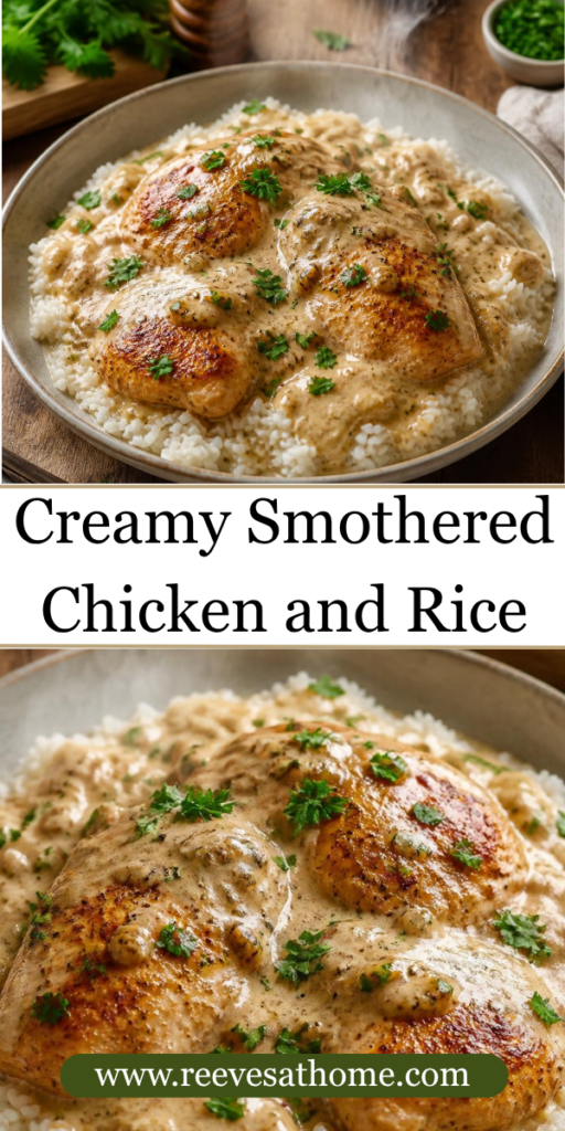 Creamy chicken and rice, smothered chicken recipe, easy chicken and rice dinner, Southern chicken and rice, creamy chicken gravy, one-pan chicken dinner, easy comfort food recipes