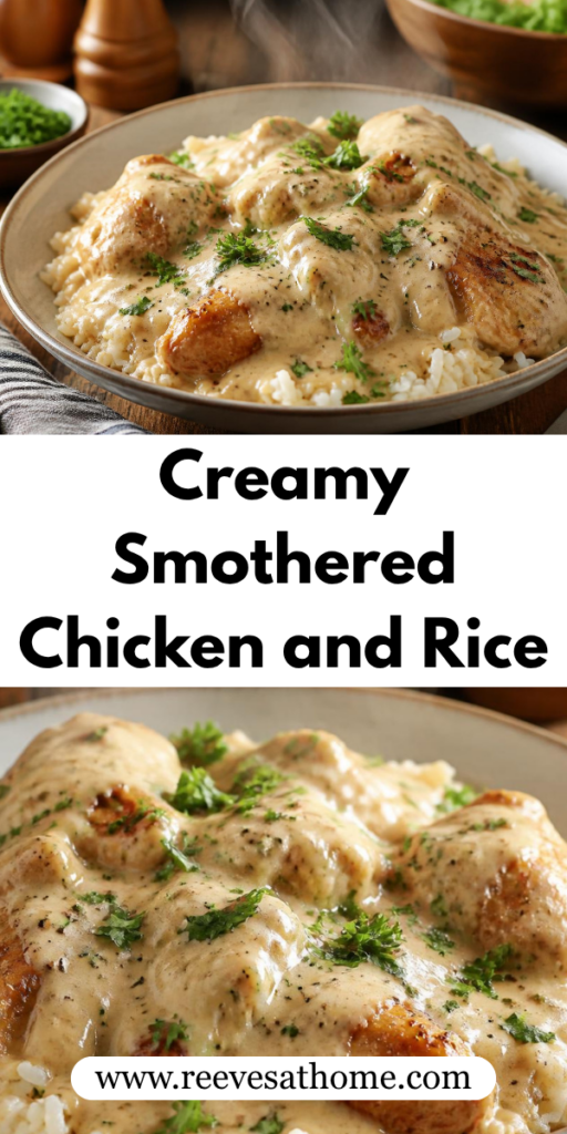 Creamy chicken and rice, smothered chicken recipe, easy chicken and rice dinner, Southern chicken and rice, creamy chicken gravy, one-pan chicken dinner, easy comfort food recipes