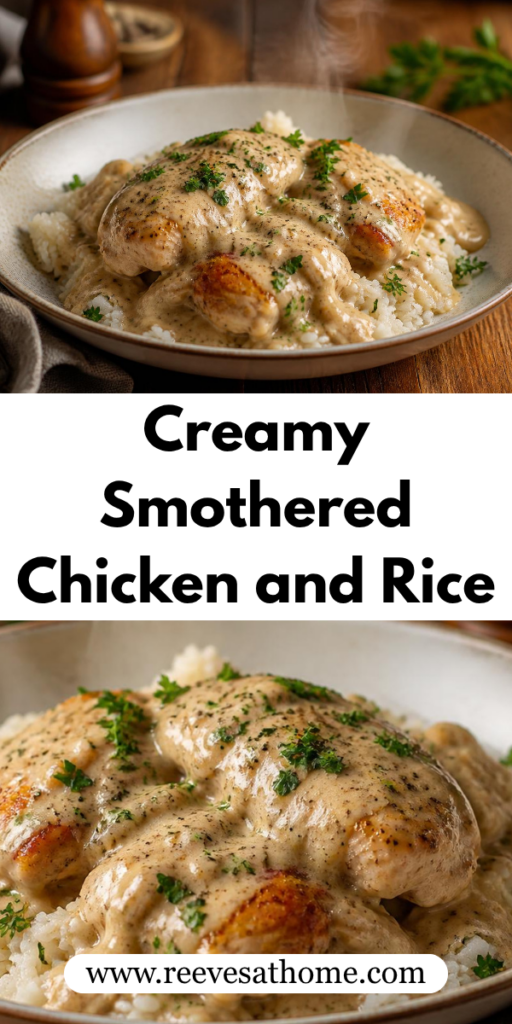 Creamy chicken and rice, smothered chicken recipe, easy chicken and rice dinner, Southern chicken and rice, creamy chicken gravy, one-pan chicken dinner, easy comfort food recipes
