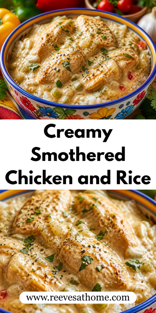 Creamy chicken and rice, smothered chicken recipe, easy chicken and rice dinner, Southern chicken and rice, creamy chicken gravy, one-pan chicken dinner, easy comfort food recipes