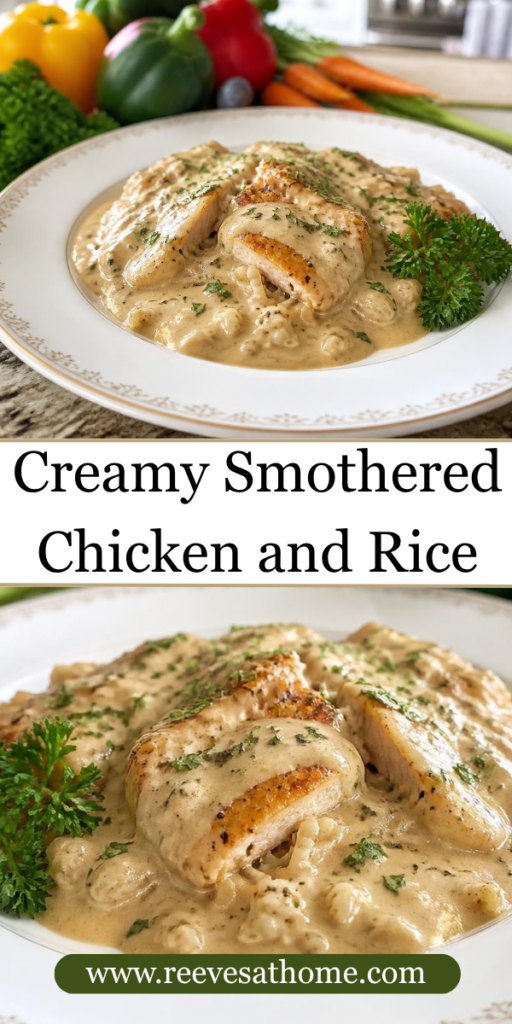 Creamy chicken and rice, smothered chicken recipe, easy chicken and rice dinner, Southern chicken and rice, creamy chicken gravy, one-pan chicken dinner, easy comfort food recipes