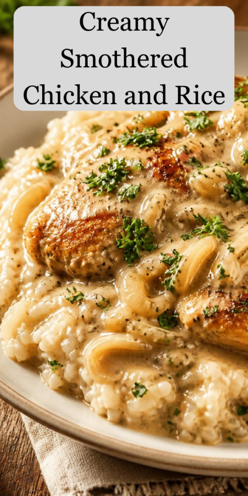 Creamy chicken and rice, smothered chicken recipe, easy chicken and rice dinner, Southern chicken and rice, creamy chicken gravy, one-pan chicken dinner, easy comfort food recipes
