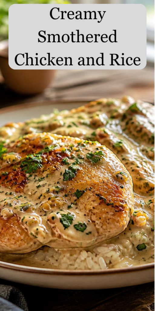 Creamy chicken and rice, smothered chicken recipe, easy chicken and rice dinner, Southern chicken and rice, creamy chicken gravy, one-pan chicken dinner, easy comfort food recipes