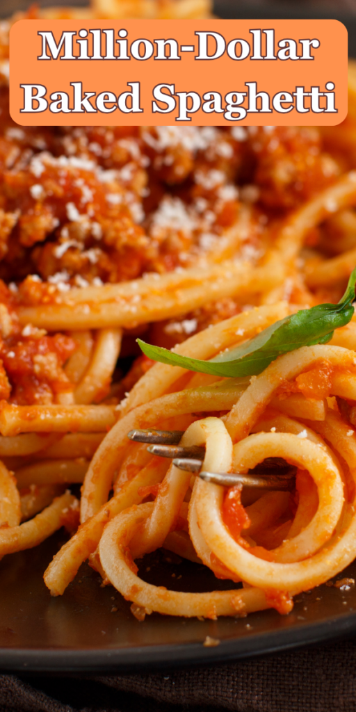 Million-Dollar Spaghetti Casserole, Million-Dollar Spaghetti, million dollar spaghetti recipe, baked spaghetti casserole, creamy baked spaghetti, cheesy spaghetti casserole, easy spaghetti casserole, spaghetti casserole with cream cheese, spaghetti casserole with ground beef, family dinner recipes, easy comfort food recipes, Italian casserole recipes, make-ahead casserole, weeknight dinner ideas, budget-friendly dinner recipes, cheesy pasta bake, potluck casserole recipes, oven-baked spaghetti.