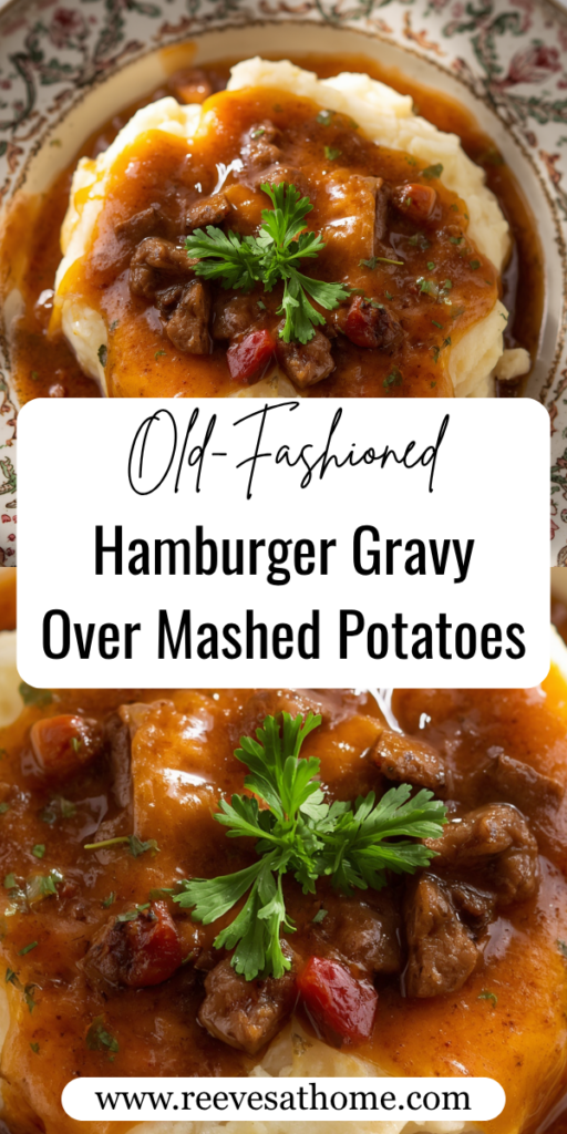 old fashioned hamburger gravy over mashed potatoes, hamburger gravy recipe, ground beef gravy, hamburger gravy and mashed potatoes, easy ground beef dinner, Southern hamburger gravy, old fashioned comfort food, homemade hamburger gravy, creamy mashed potatoes, ground beef and mashed potatoes, budget friendly family dinners, easy weeknight dinner ideas, Southern comfort food recipes, hamburger gravy from scratch, cheap dinner ideas, hearty family meals, easy hamburger recipes, ground beef dinner recipes, Grandma's hamburger gravy, 30 minute dinner ideas, country hamburger gravy, comfort food dinner ideas, one skillet hamburger gravy, homemade beef gravy