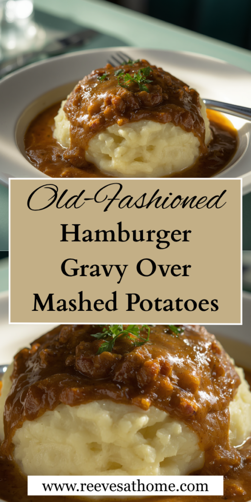 old fashioned hamburger gravy over mashed potatoes, hamburger gravy recipe, ground beef gravy, hamburger gravy and mashed potatoes, easy ground beef dinner, Southern hamburger gravy, old fashioned comfort food, homemade hamburger gravy, creamy mashed potatoes, ground beef and mashed potatoes, budget friendly family dinners, easy weeknight dinner ideas, Southern comfort food recipes, hamburger gravy from scratch, cheap dinner ideas, hearty family meals, easy hamburger recipes, ground beef dinner recipes, Grandma's hamburger gravy, 30 minute dinner ideas, country hamburger gravy, comfort food dinner ideas, one skillet hamburger gravy, homemade beef gravy